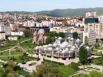 High angle view of buildings in town of pristina in kosovo