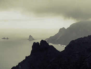 Rock formations by sea against sky