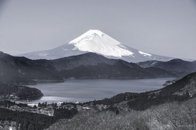 Scenic view of snowcapped mountains against clear sky
