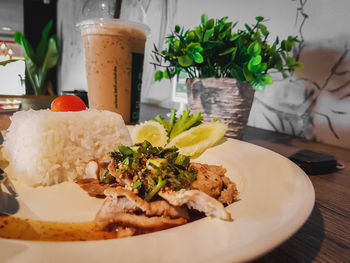 Close-up of meal served on table