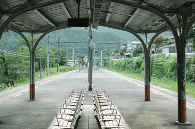 Empty benches along trees