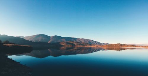 Scenic view of lake and mountains against clear blue sky