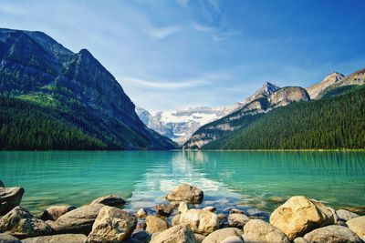 Scenic view of lake and mountains against sky