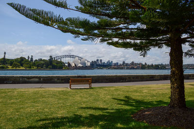 Bridge over river with city in background