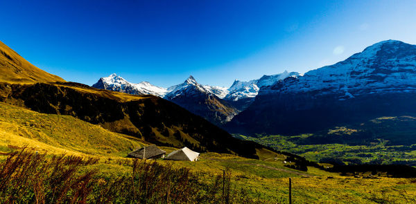 Scenic view of snowcapped mountains against clear blue sky