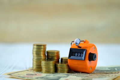 Close-up of coins on table