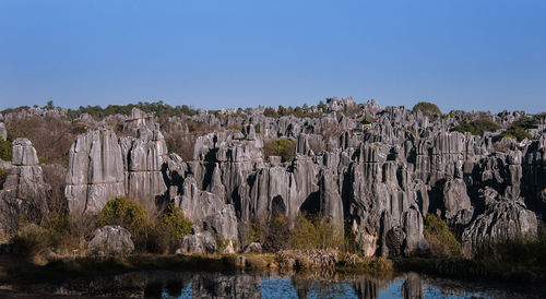 Panoramic view of rock formations against clear sky