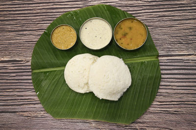 High angle view of green leaves on table