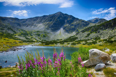 Scenic view of lake and mountains against sky