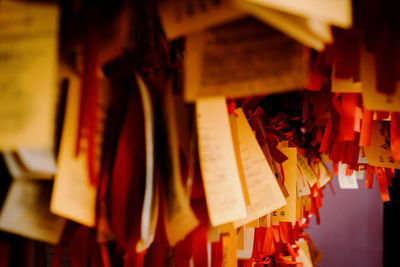 Close-up of decorations hanging on wall