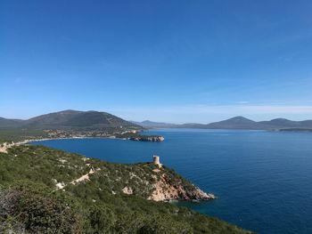 High angle view of bay against clear blue sky