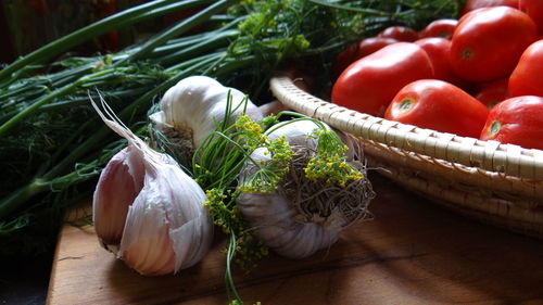 Close-up of vegetables in basket on table