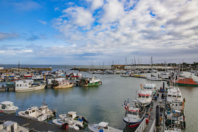 High angle view of fishing boats in harbor