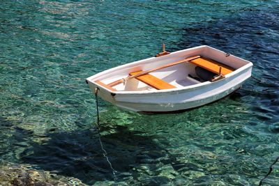 High angle view of boat moored in sea