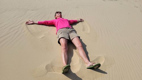 High angle view of woman on beach