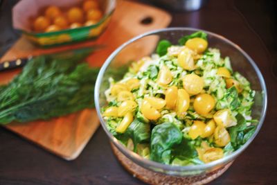 High angle view of salad in bowl on table