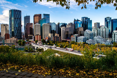 Panoramic view of the calgary skyline and centre street from rotary park.