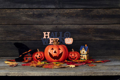 View of pumpkins on table