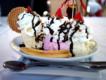 Close-up of ice cream on table