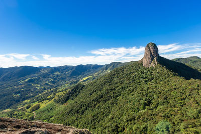 Scenic view of mountains against blue sky