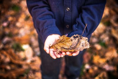 Midsection of boy holding leaves while standing on field