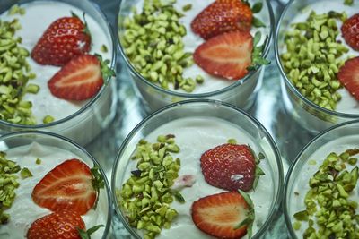 High angle view of dessert served on table