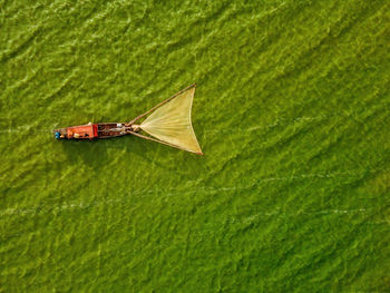 Aerial view of fishing boat moored at harbor