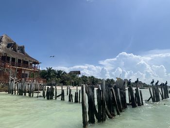 Wooden posts on building against sky