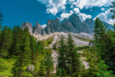 Panoramic view of the odle mountain peaks, italy.