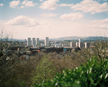 High angle view of buildings against sky