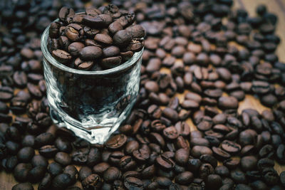 High angle view of coffee beans in glass