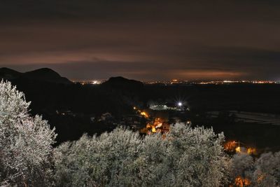 High angle view of illuminated trees against sky at night