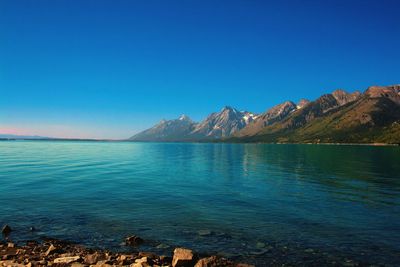 Scenic view of lake against blue sky