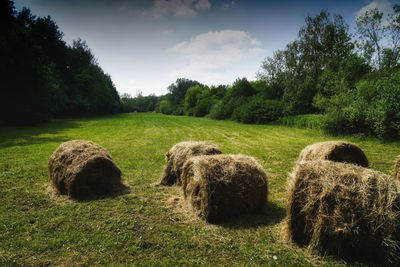 Hay bales on field against sky