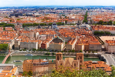 High angle view of buildings in city