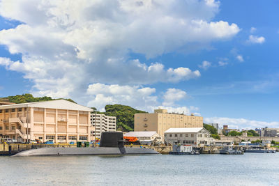 Buildings by river against sky in city