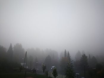 Trees on landscape against sky at foggy weather