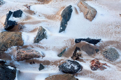 The sea wind has blown snow over the sand and rocks on a beach in the rural finland.