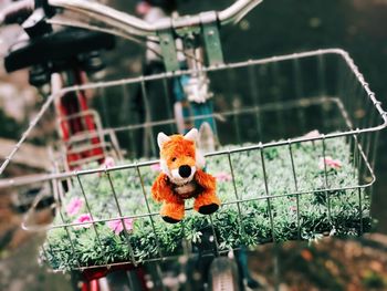 Toy animal on bicycle basket with flowers
