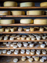 Full frame shot of handmade organic cheese aging on shelf