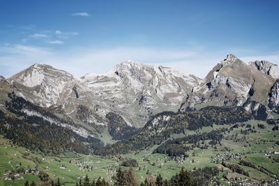 Panoramic view of snowcapped mountains against sky