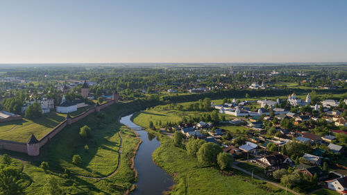 High angle view of townscape against clear sky