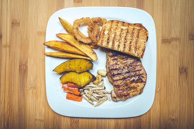 High angle view of breakfast served on table