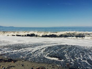 Scenic view of beach against clear sky