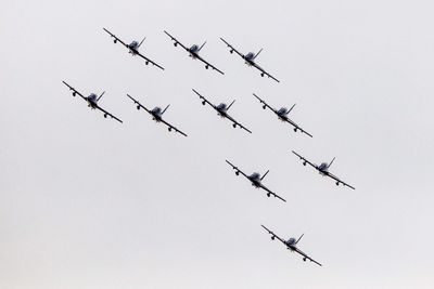 Low angle view of airplanes flying against clear sky