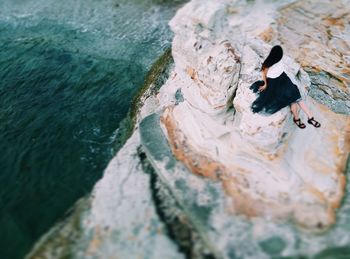 High angle view of bird in water