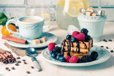 Close-up of breakfast served on table