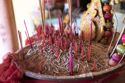 Close-up of burning candles in building