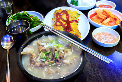 Close-up of food served on table