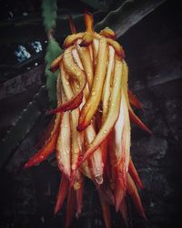 High angle view of red chili peppers at market